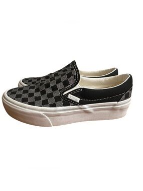 VANS Platform Slip-on Checkerboard Metallic Grey/Black Sneakers Women’s 8